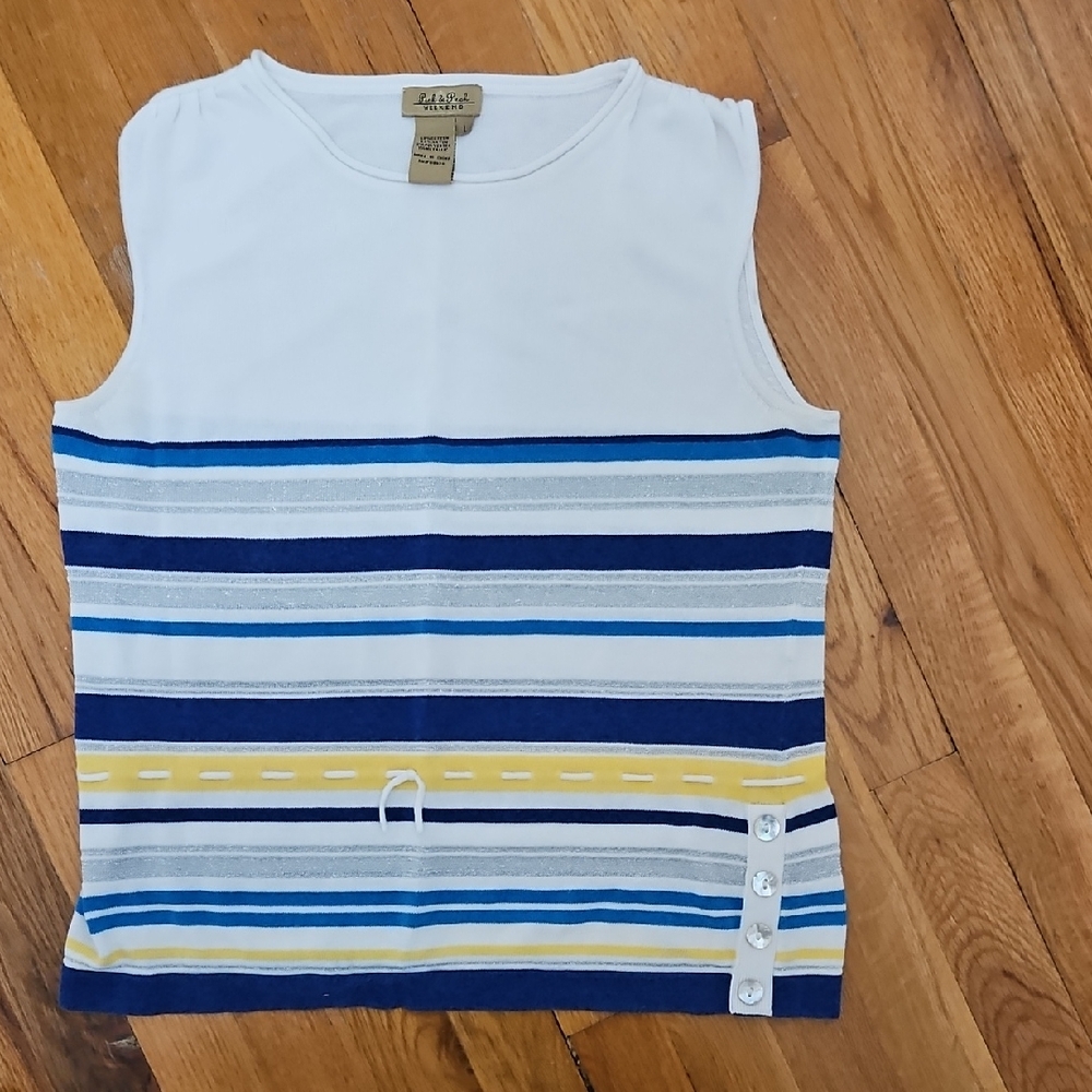 Women's Sleevless, White, Blue, Yellow Top.